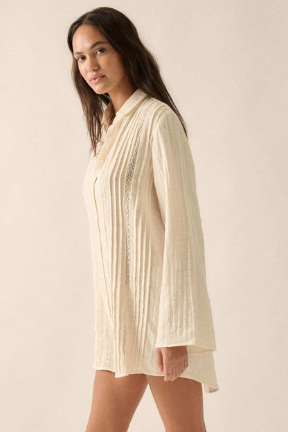 Free to Be Pleated Lace-Trim Mini Shirt Dress