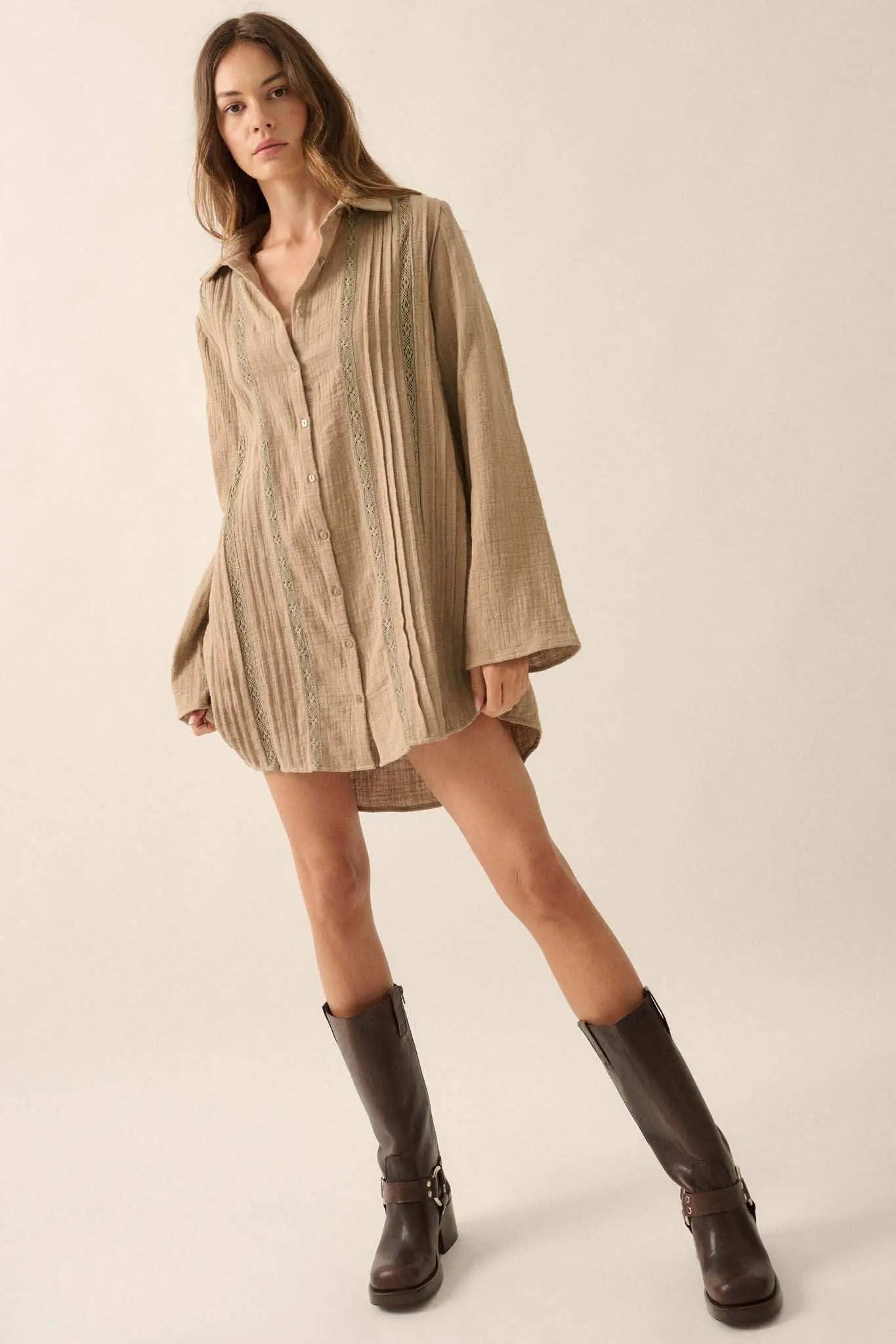 Free to Be Pleated Lace-Trim Mini Shirt Dress