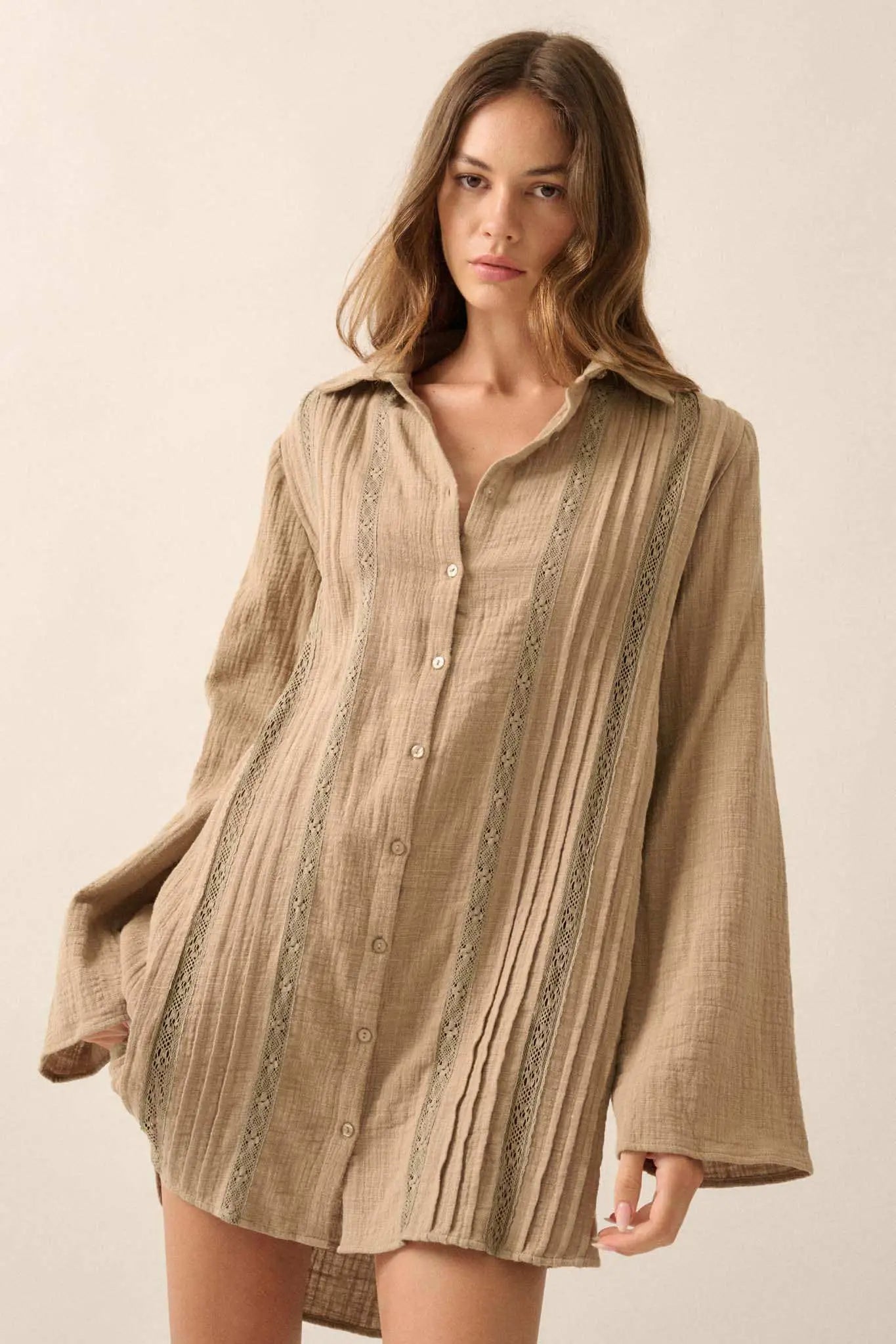 Free to Be Pleated Lace-Trim Mini Shirt Dress