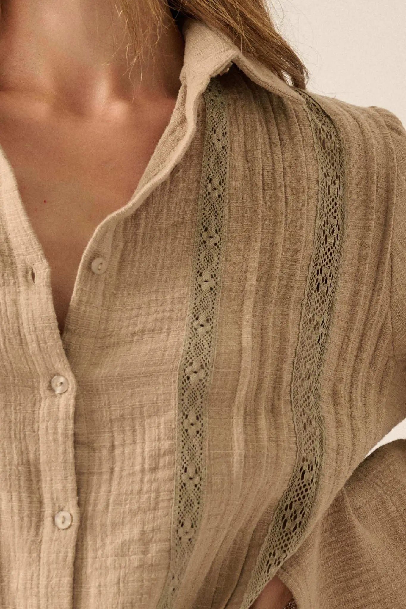 Free to Be Pleated Lace-Trim Mini Shirt Dress