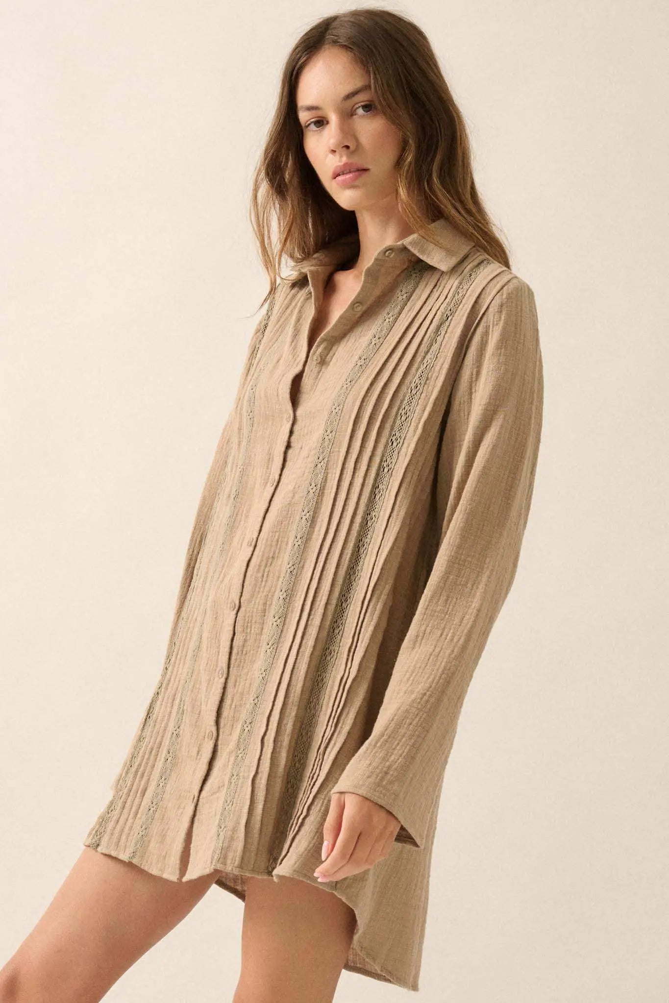 Free to Be Pleated Lace-Trim Mini Shirt Dress