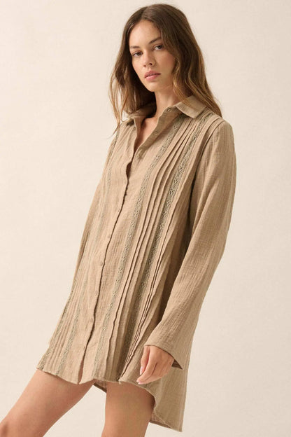 Free to Be Pleated Lace-Trim Mini Shirt Dress