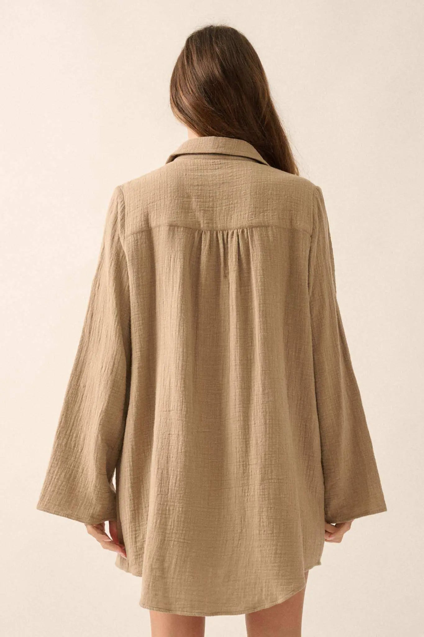 Free to Be Pleated Lace-Trim Mini Shirt Dress