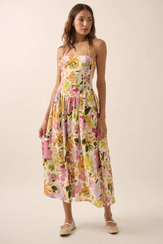Dawn Dreams Smocked Floral Halter Midi Dress