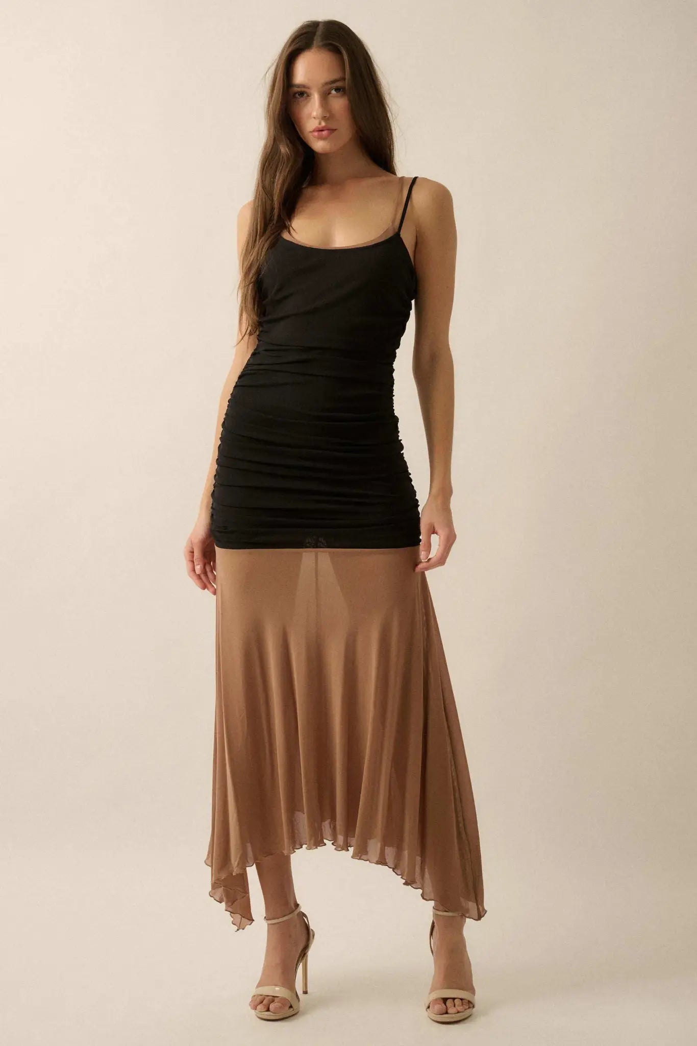 Sheer Beauty Colorblock Mesh Drop-Waist Maxi Dress