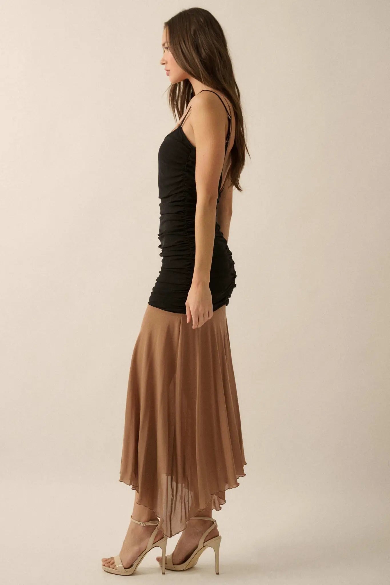 Sheer Beauty Colorblock Mesh Drop-Waist Maxi Dress