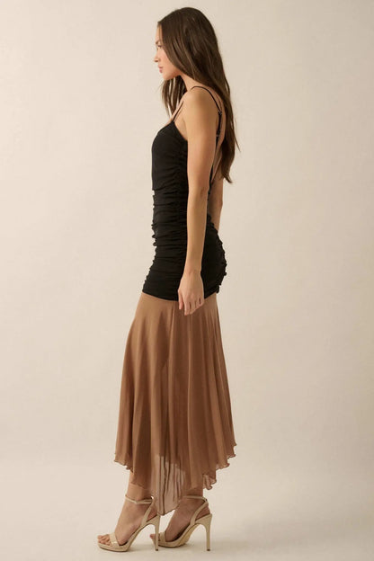 Sheer Beauty Colorblock Mesh Drop-Waist Maxi Dress
