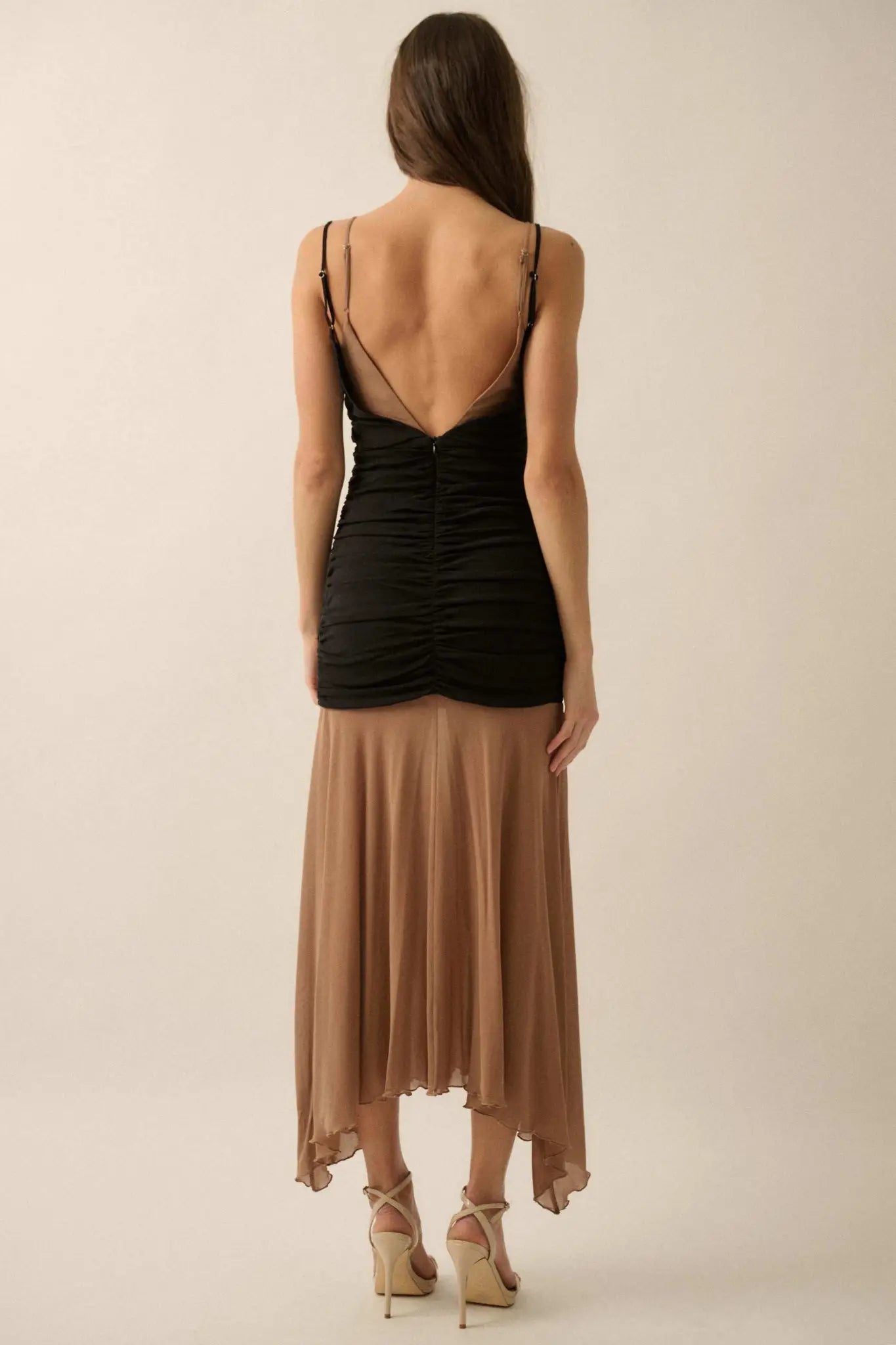 Sheer Beauty Colorblock Mesh Drop-Waist Maxi Dress