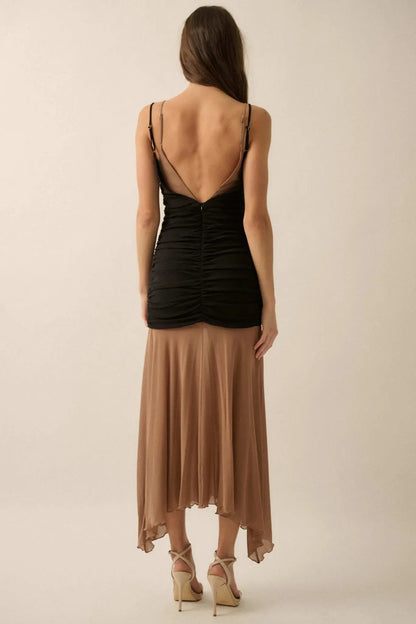 Sheer Beauty Colorblock Mesh Drop-Waist Maxi Dress