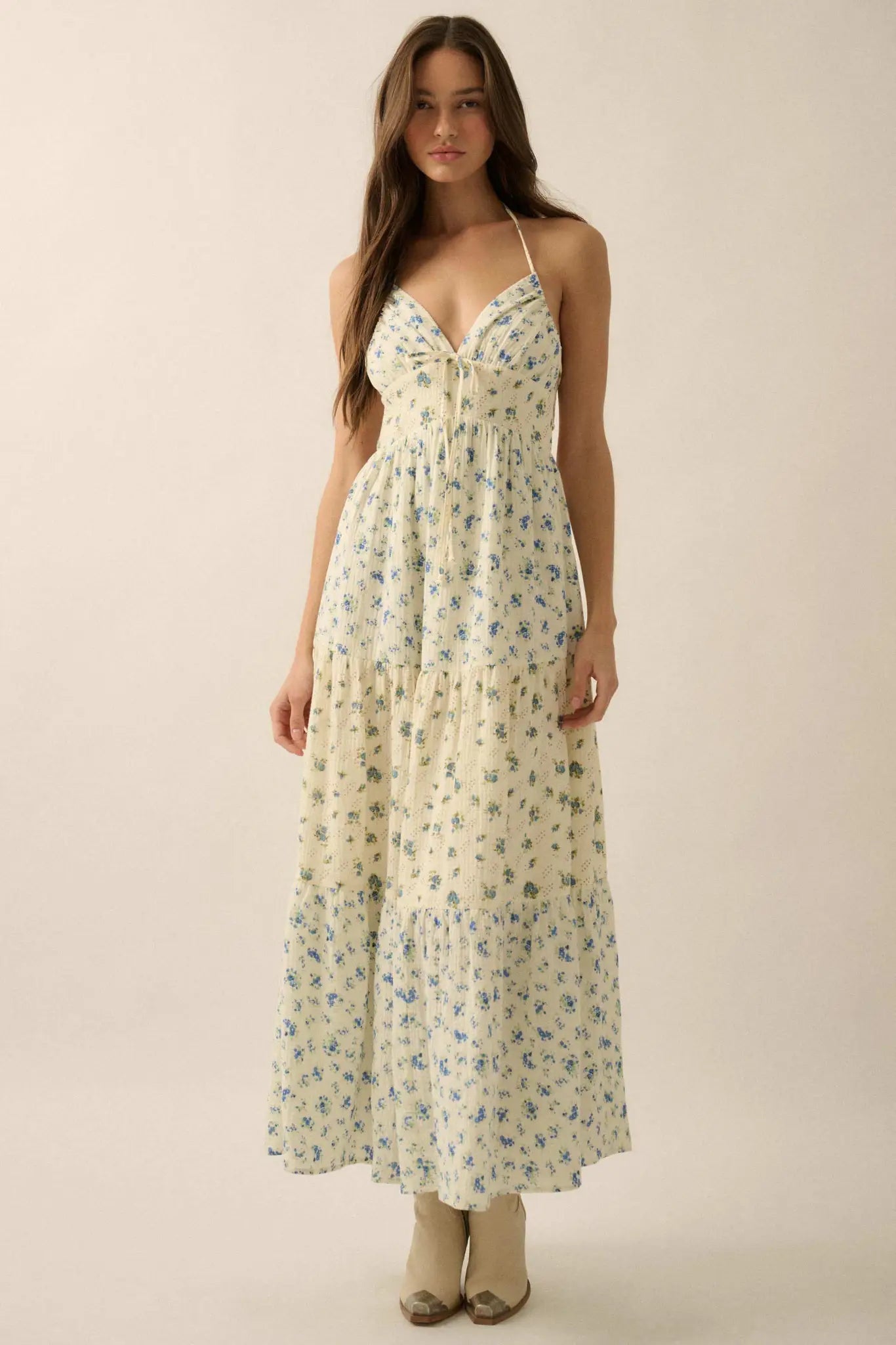 Meadow Garden Floral Gauze Tie-Back Maxi Dress