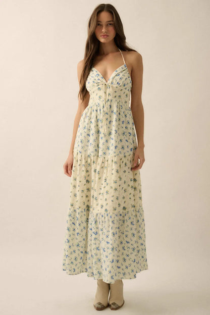 Meadow Garden Floral Gauze Tie-Back Maxi Dress
