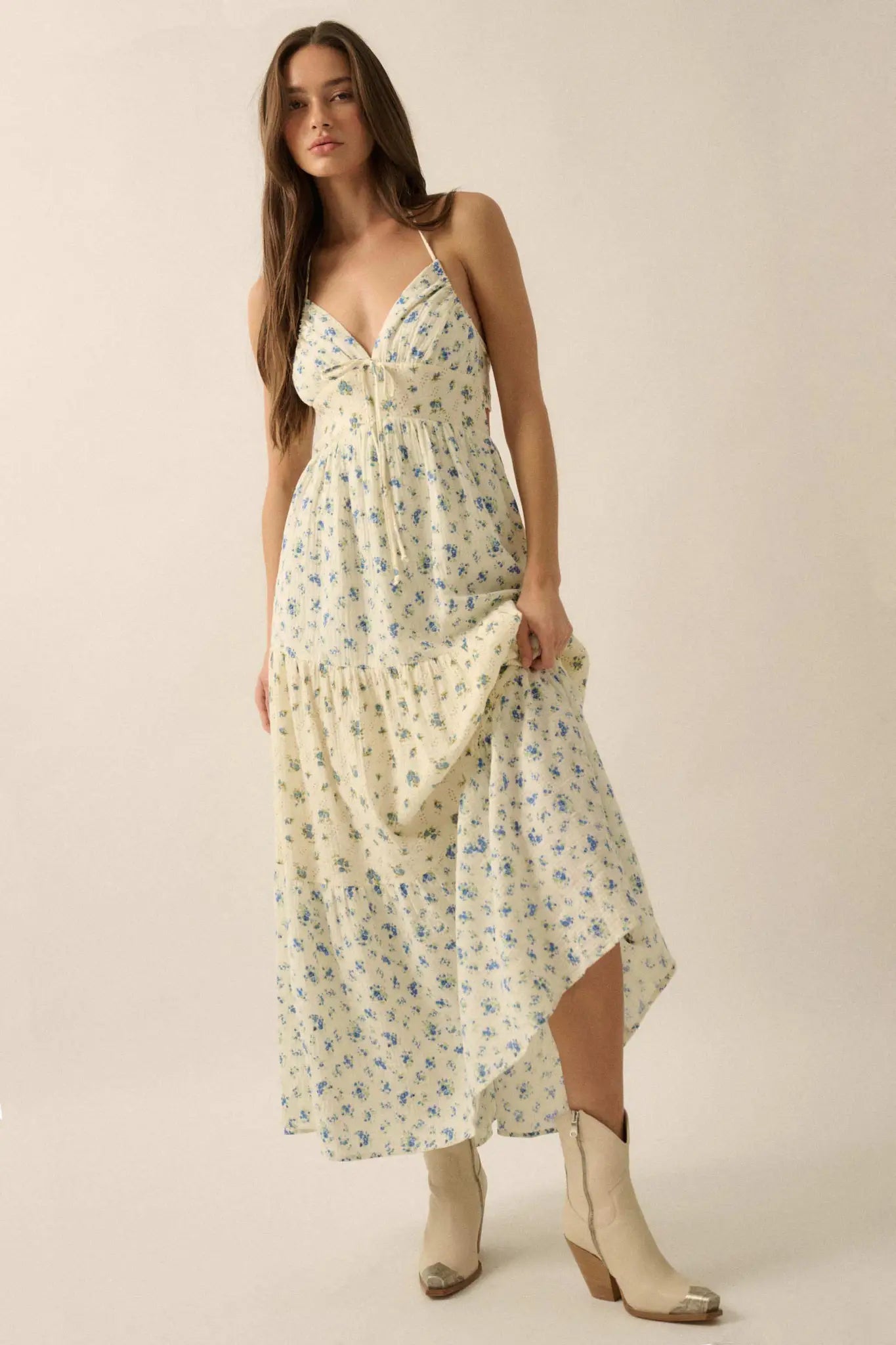 Meadow Garden Floral Gauze Tie-Back Maxi Dress