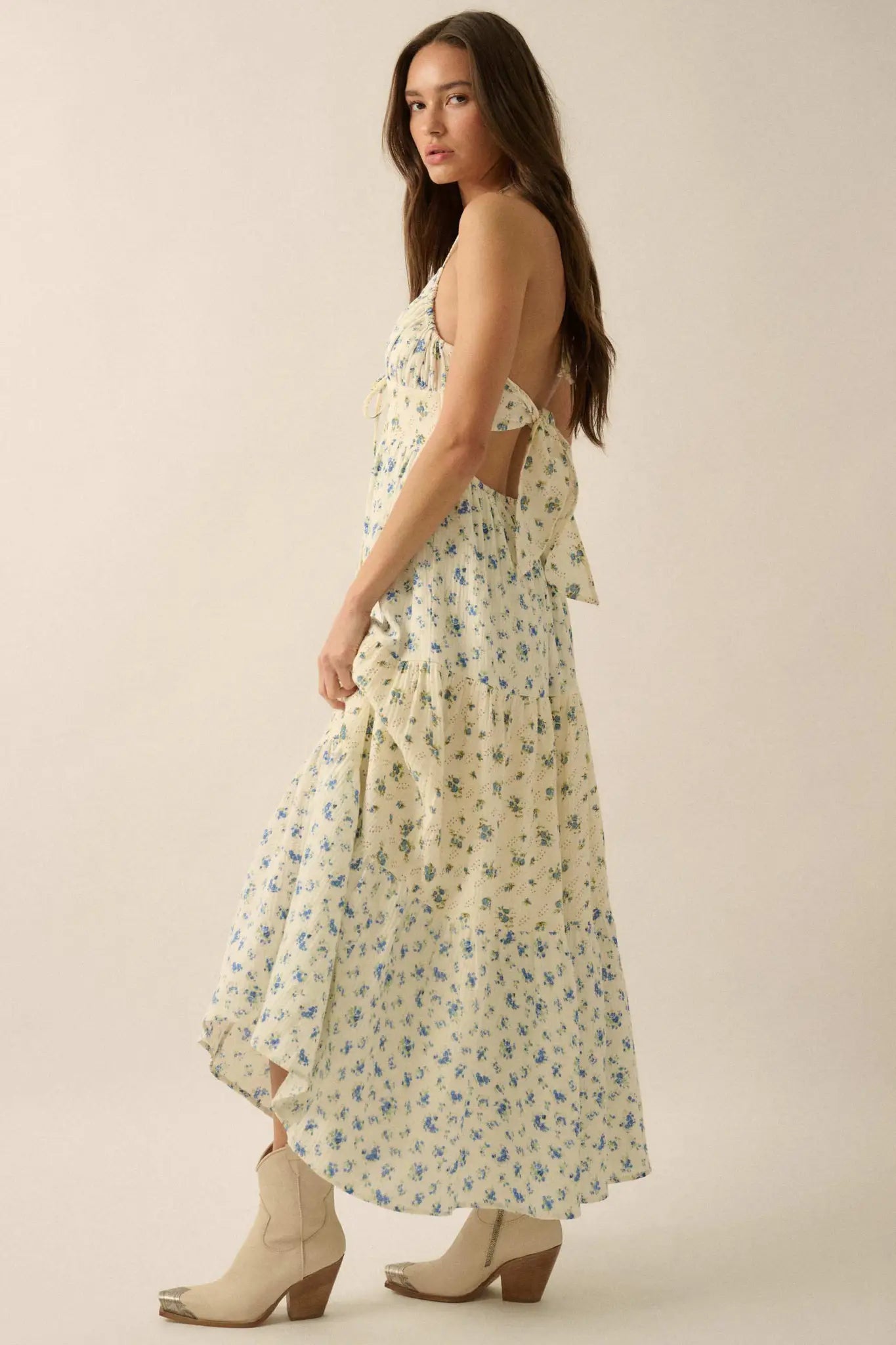 Meadow Garden Floral Gauze Tie-Back Maxi Dress