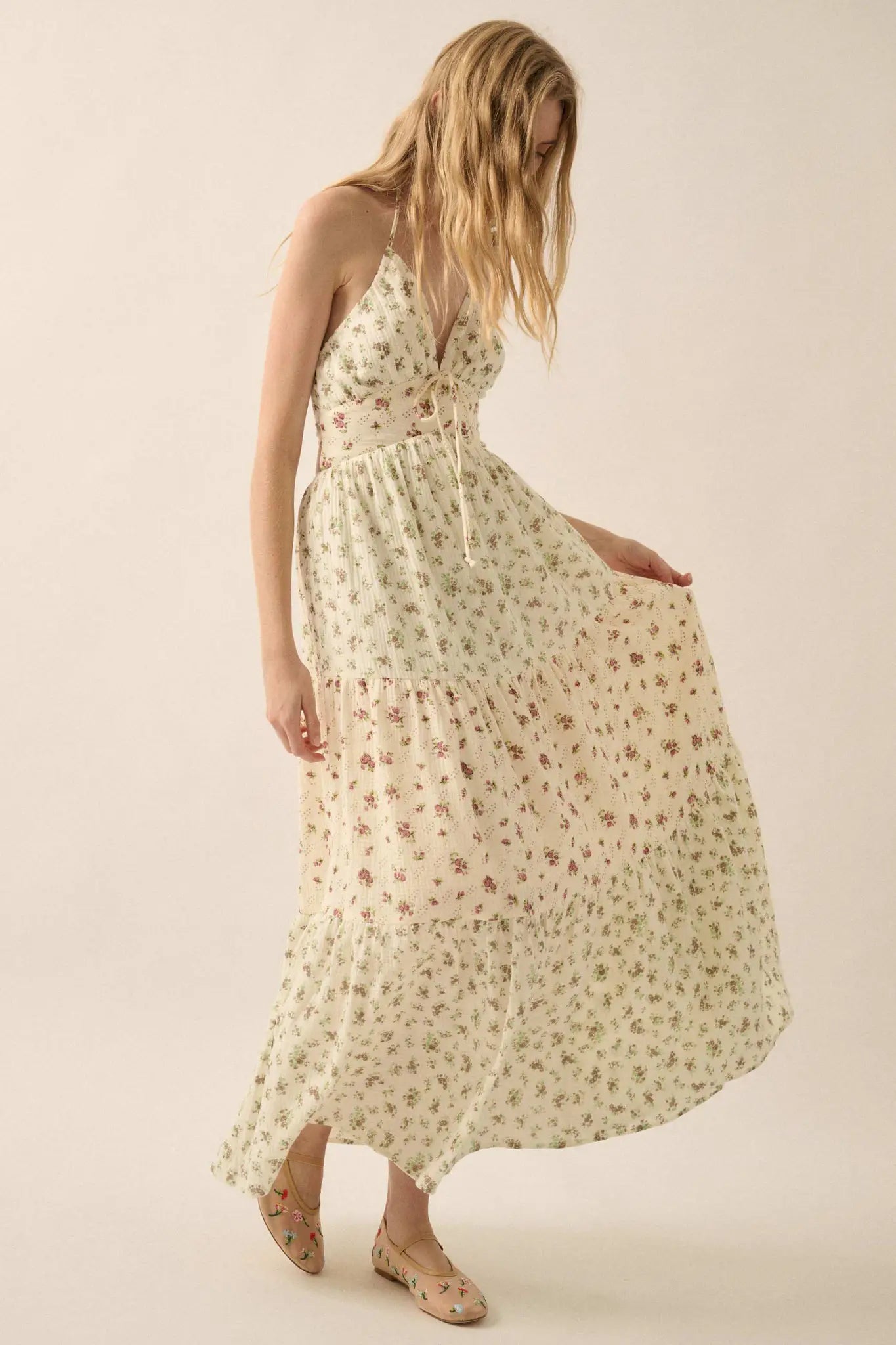 Meadow Garden Floral Gauze Tie-Back Maxi Dress