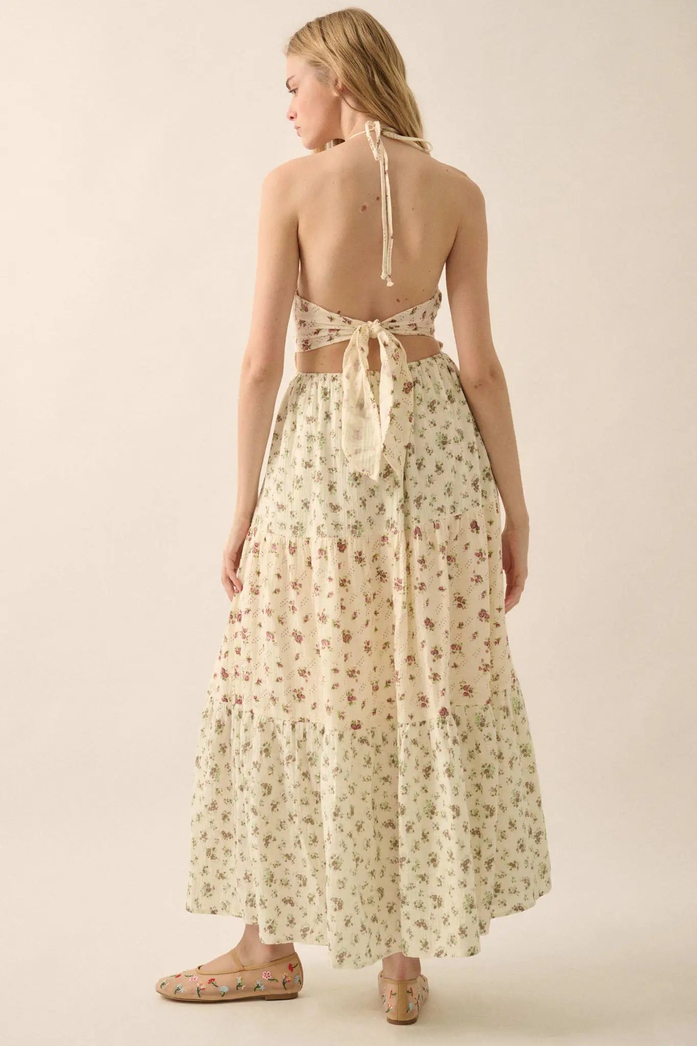 Meadow Garden Floral Gauze Tie-Back Maxi Dress