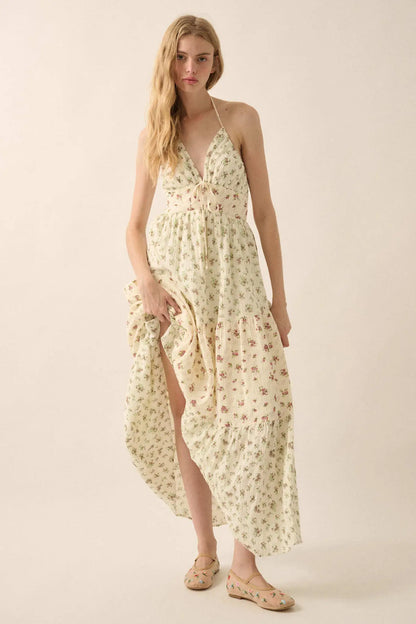 Meadow Garden Floral Gauze Tie-Back Maxi Dress