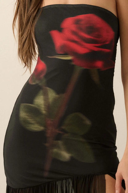 Rose Tattoo Printed Mesh Strapless Maxi Dress