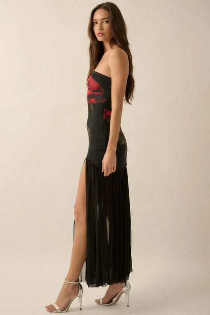 Rose Tattoo Printed Mesh Strapless Maxi Dress