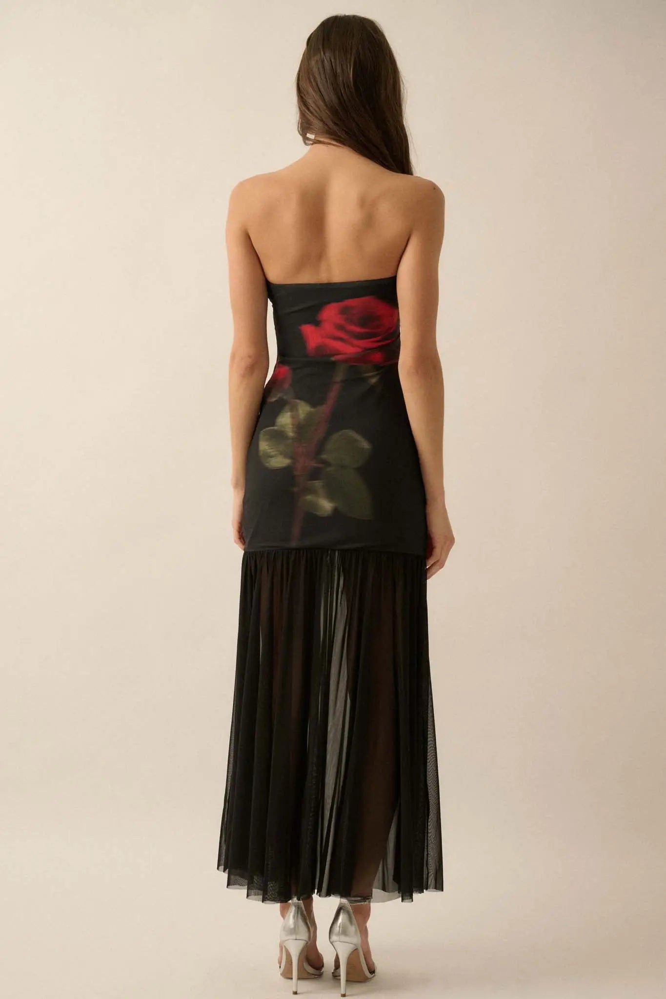 Rose Tattoo Printed Mesh Strapless Maxi Dress