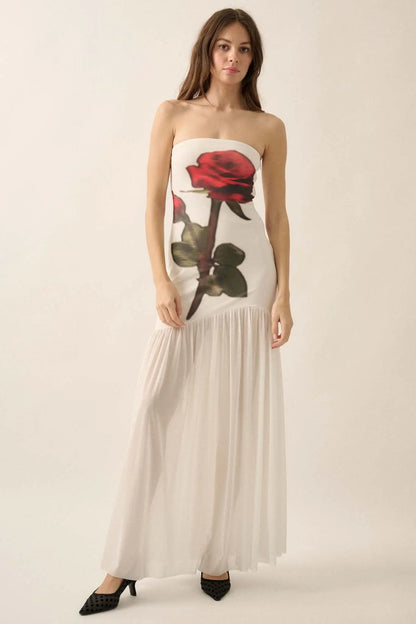 Rose Tattoo Printed Mesh Strapless Maxi Dress