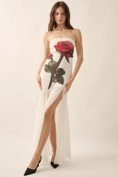 Rose Tattoo Printed Mesh Strapless Maxi Dress