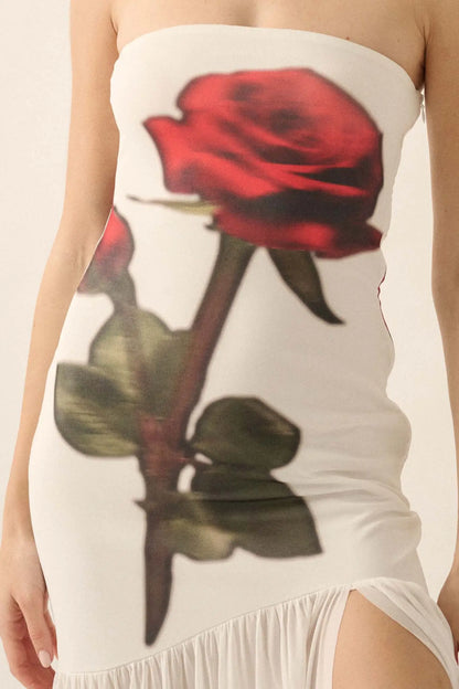 Rose Tattoo Printed Mesh Strapless Maxi Dress