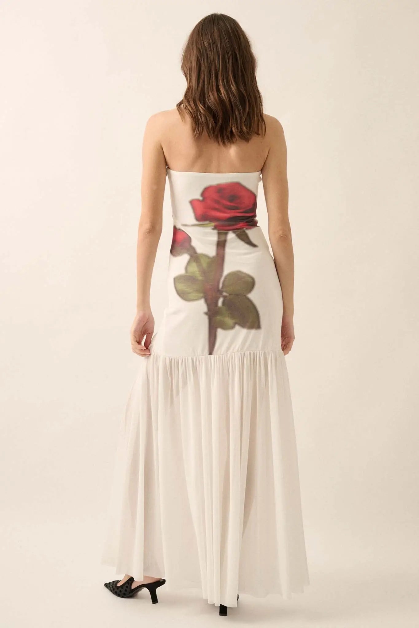 Rose Tattoo Printed Mesh Strapless Maxi Dress