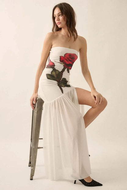 Rose Tattoo Printed Mesh Strapless Maxi Dress