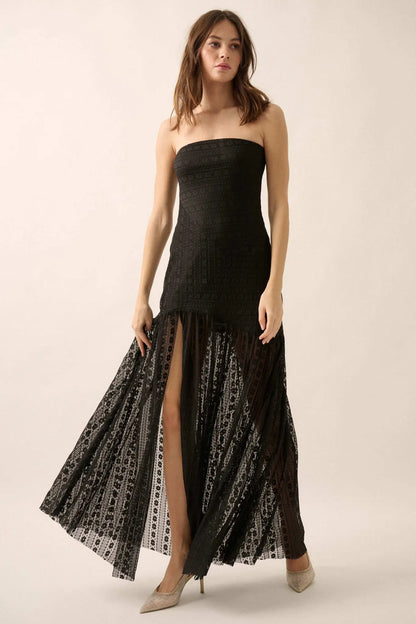 Belle Nuit Striped Lace Strapless Maxi Dress