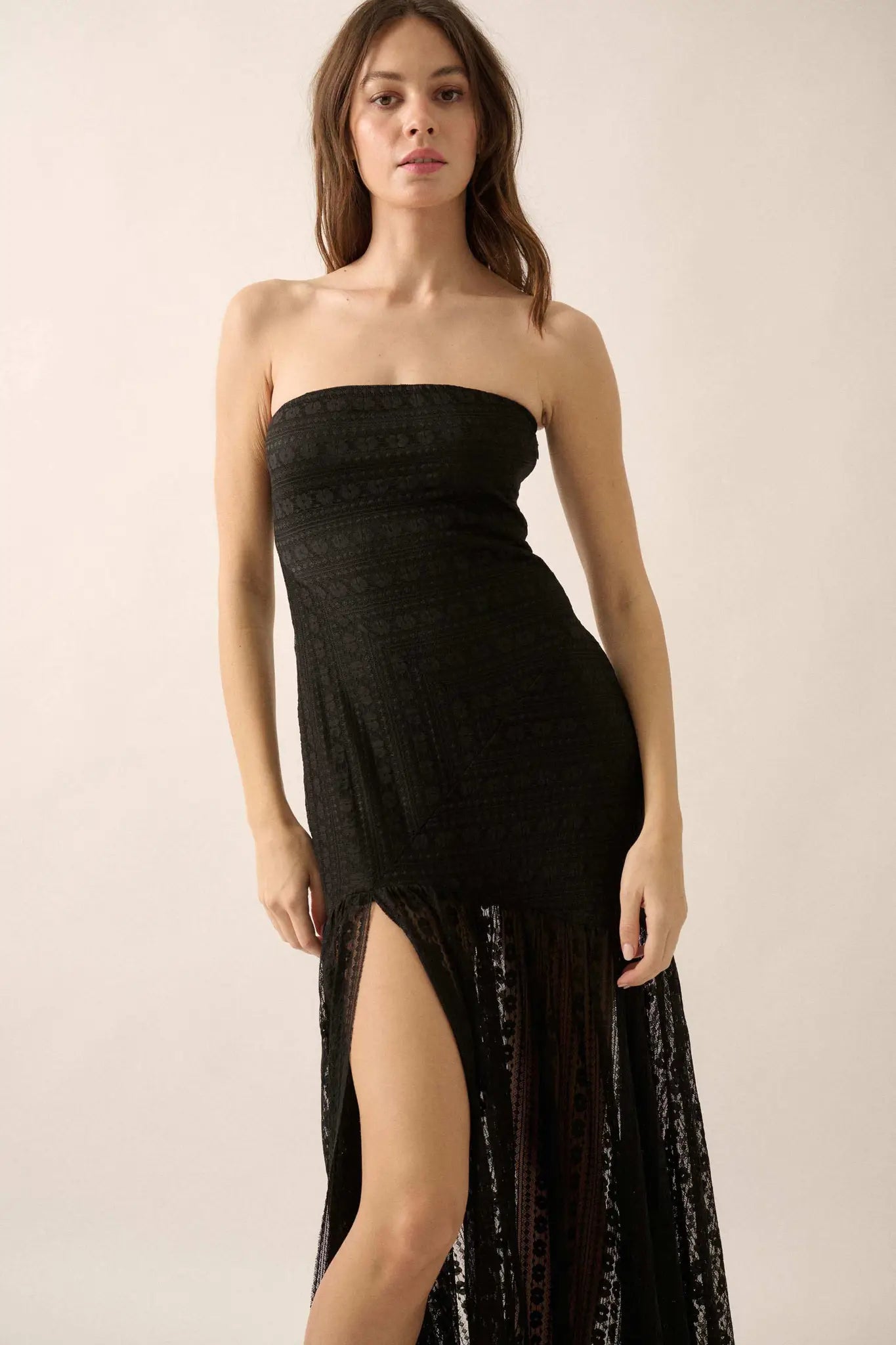 Belle Nuit Striped Lace Strapless Maxi Dress