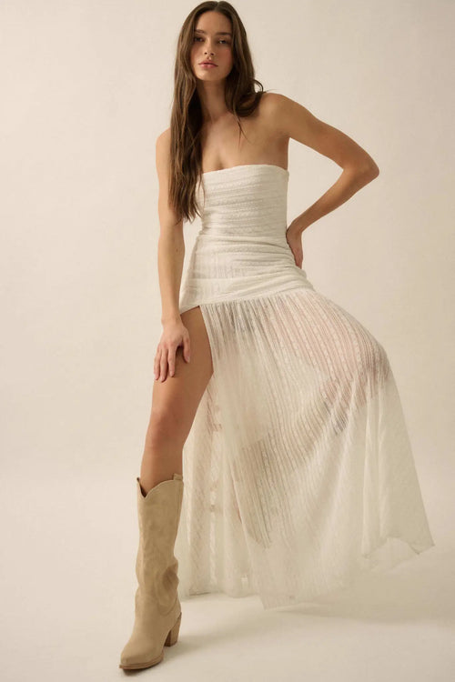 Belle Nuit Striped Lace Strapless Maxi Dress