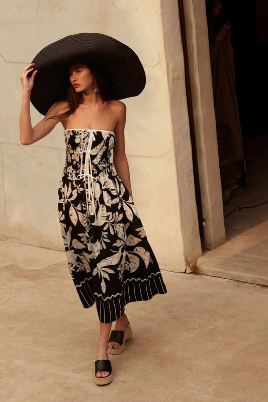Palm Poetry Tropical Strapless Pocket Midi Dress