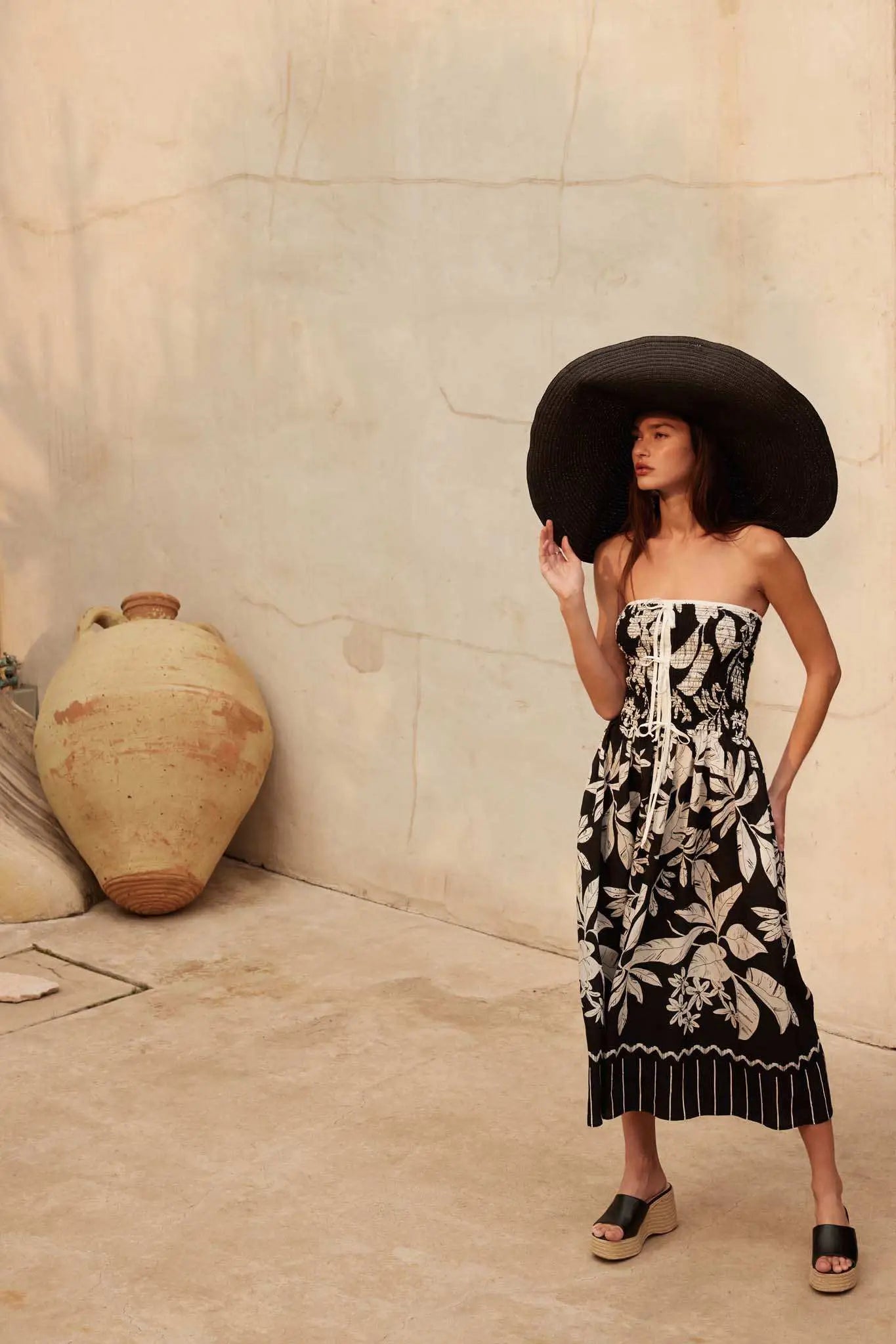 Palm Poetry Tropical Strapless Pocket Midi Dress