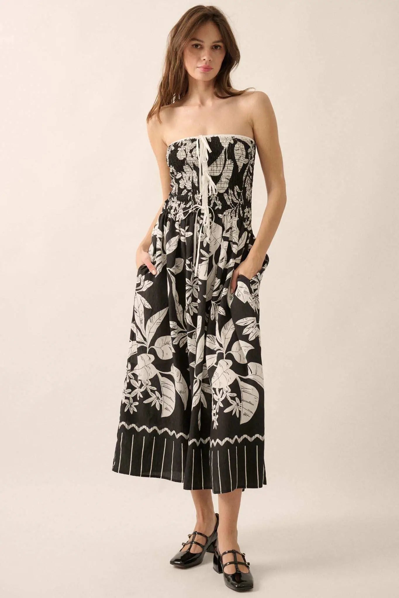 Palm Poetry Tropical Strapless Pocket Midi Dress