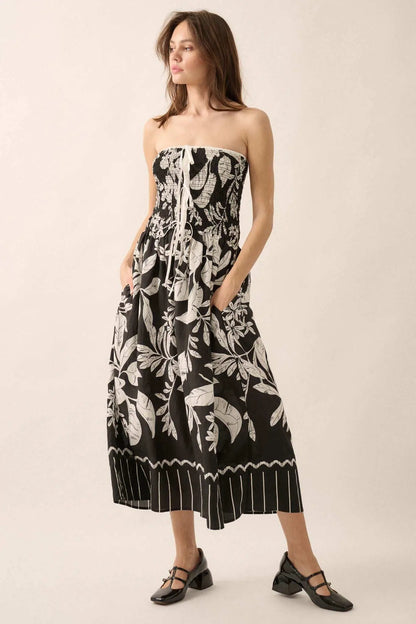 Palm Poetry Tropical Strapless Pocket Midi Dress
