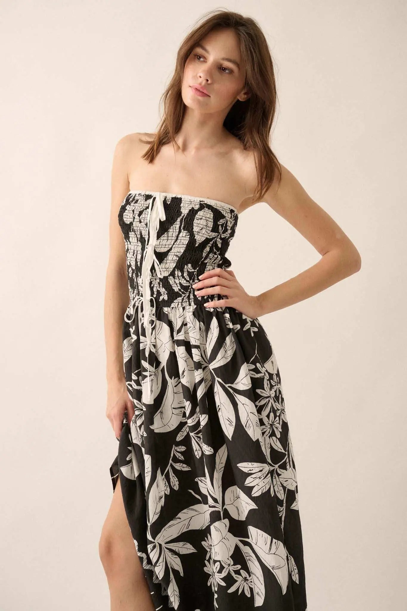Palm Poetry Tropical Strapless Pocket Midi Dress