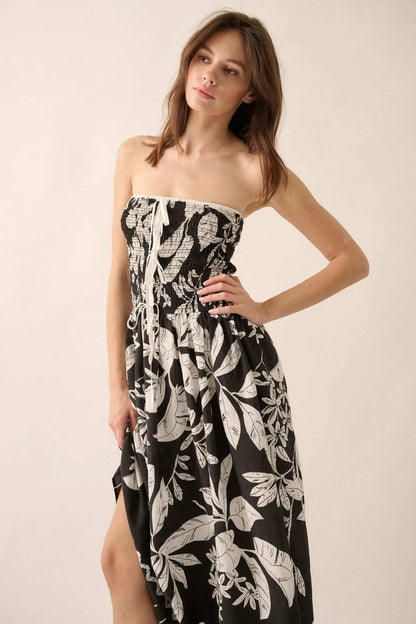 Palm Poetry Tropical Strapless Pocket Midi Dress