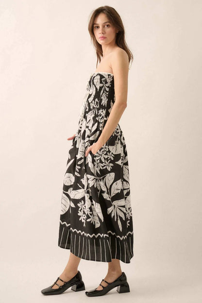 Palm Poetry Tropical Strapless Pocket Midi Dress