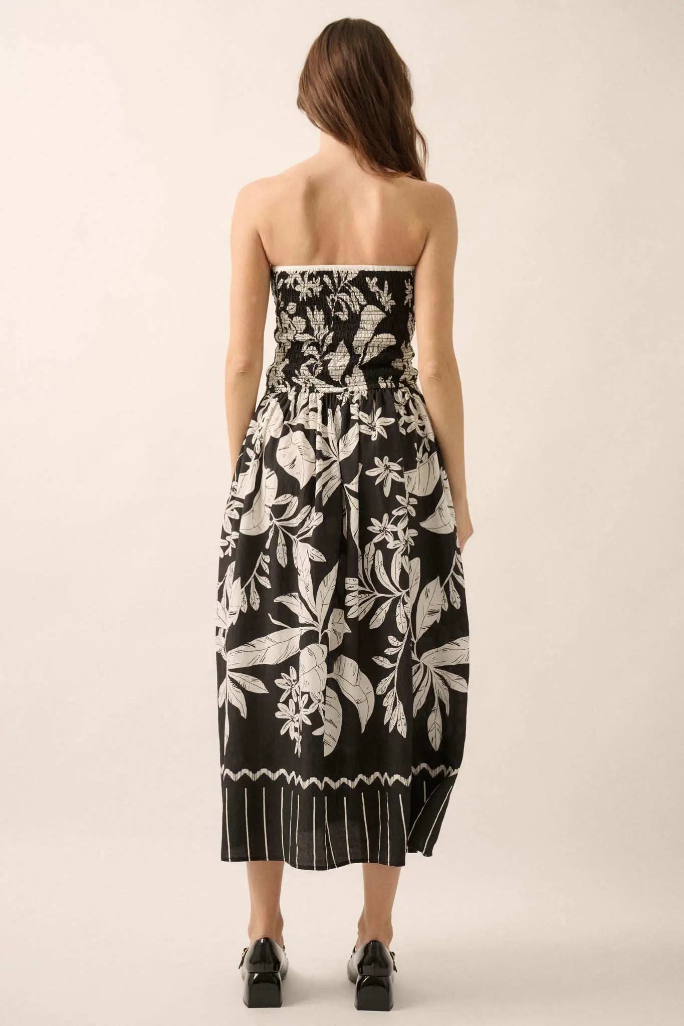 Palm Poetry Tropical Strapless Pocket Midi Dress