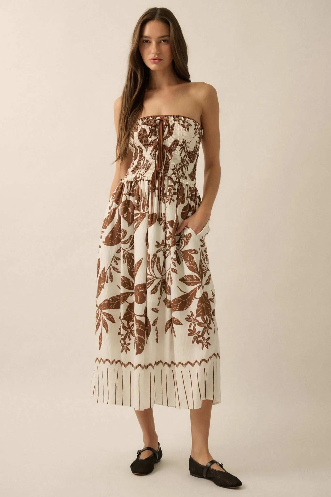 Palm Poetry Tropical Strapless Pocket Midi Dress