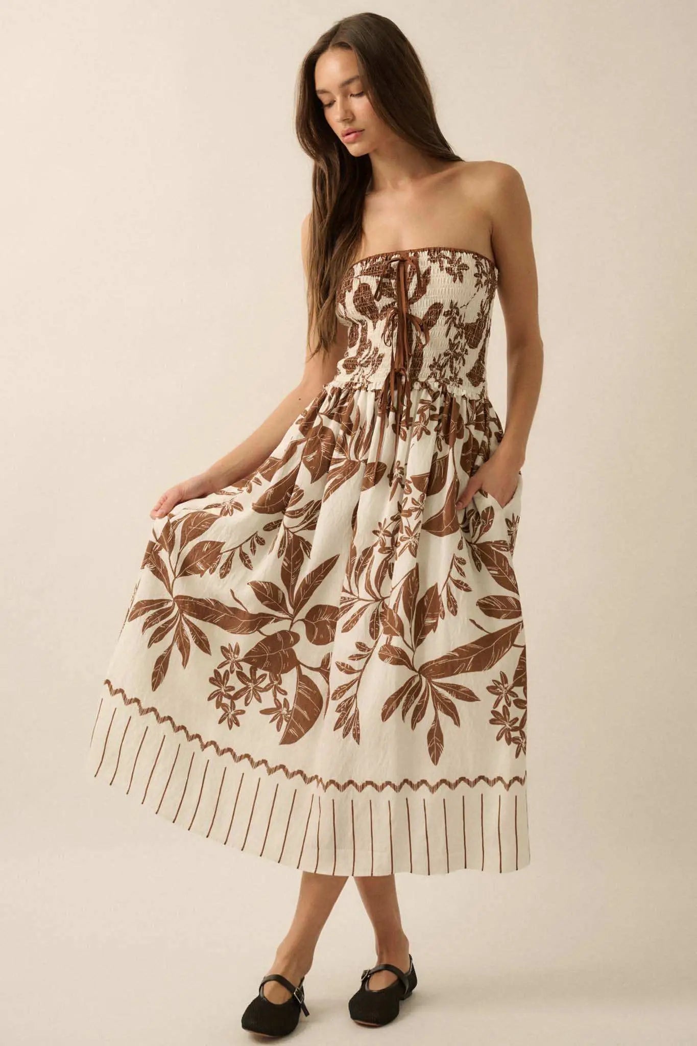 Palm Poetry Tropical Strapless Pocket Midi Dress