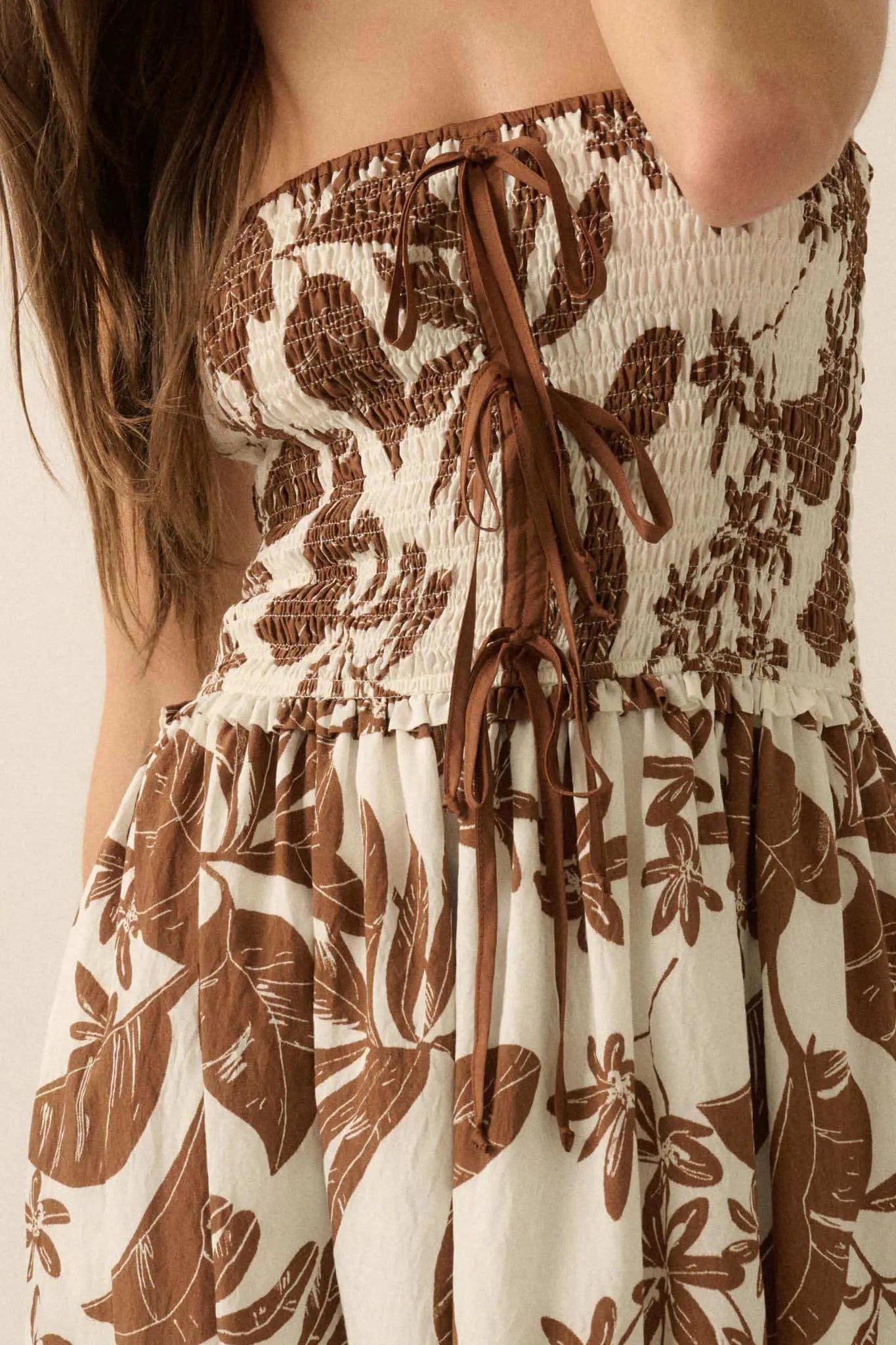 Palm Poetry Tropical Strapless Pocket Midi Dress