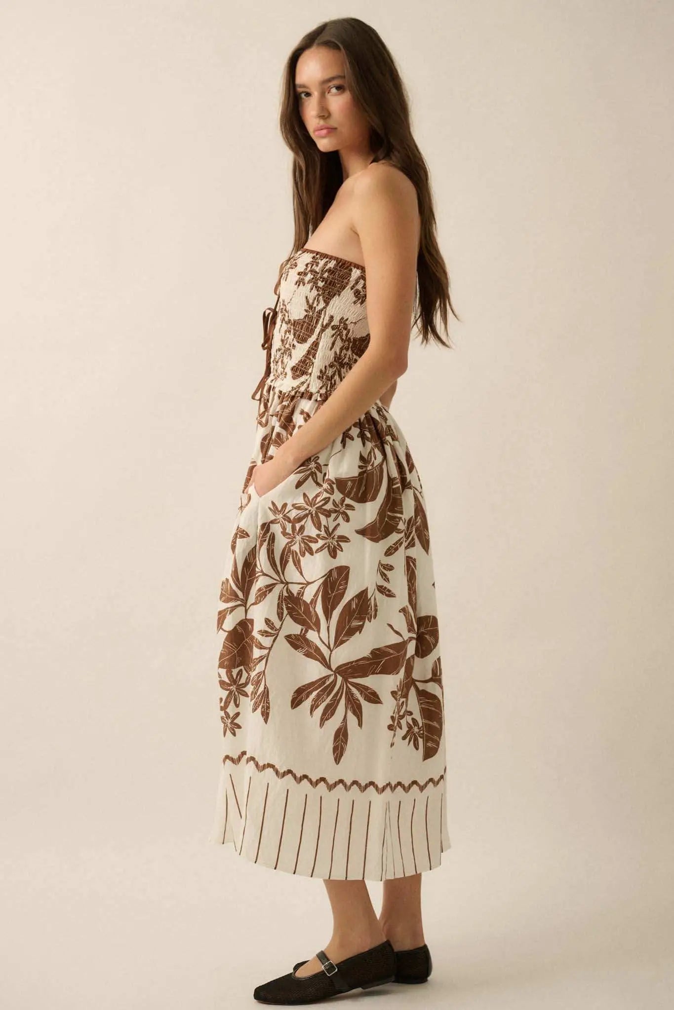 Palm Poetry Tropical Strapless Pocket Midi Dress