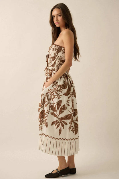 Palm Poetry Tropical Strapless Pocket Midi Dress