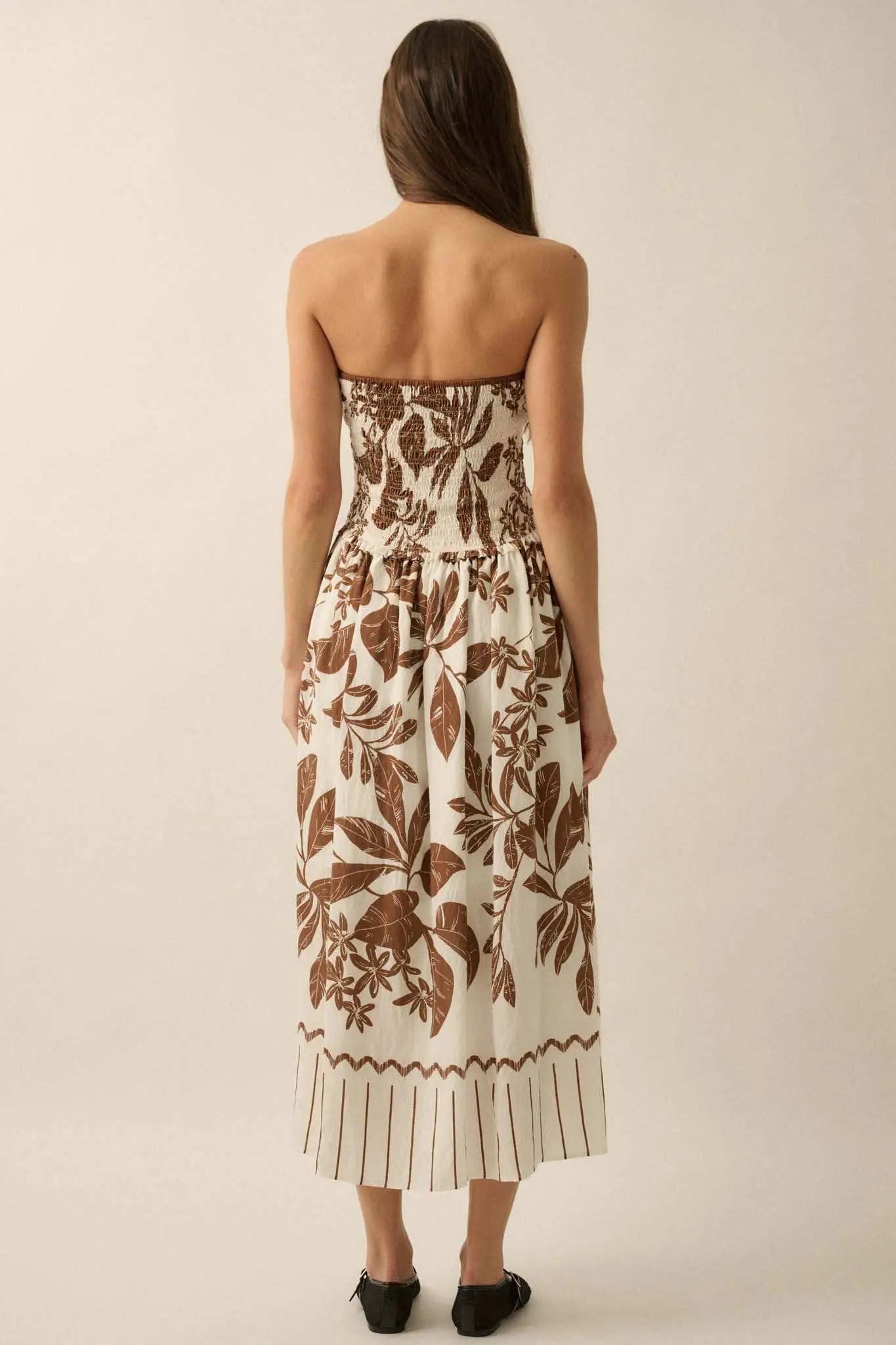Palm Poetry Tropical Strapless Pocket Midi Dress