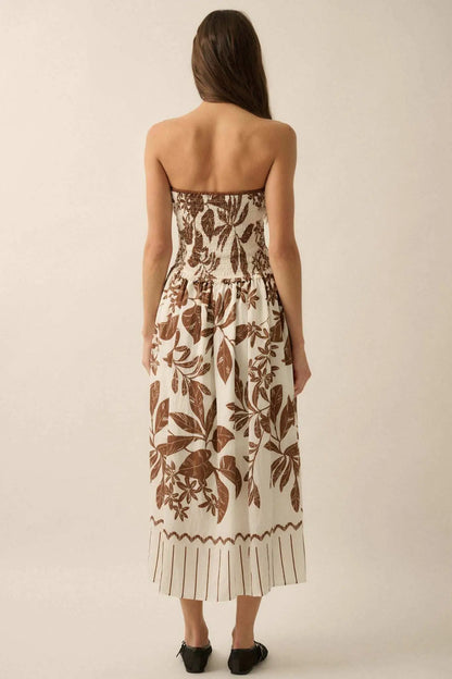 Palm Poetry Tropical Strapless Pocket Midi Dress