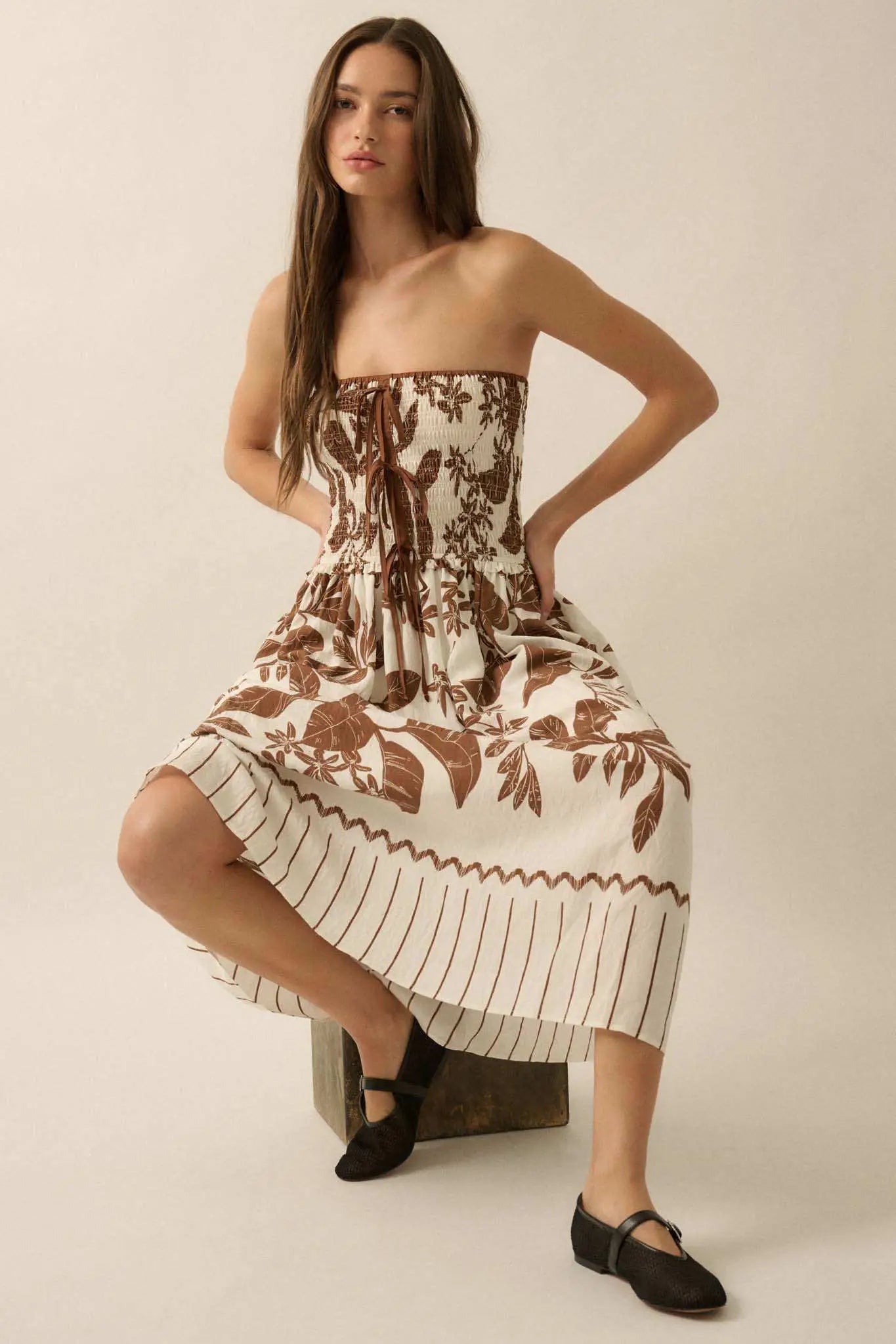 Palm Poetry Tropical Strapless Pocket Midi Dress