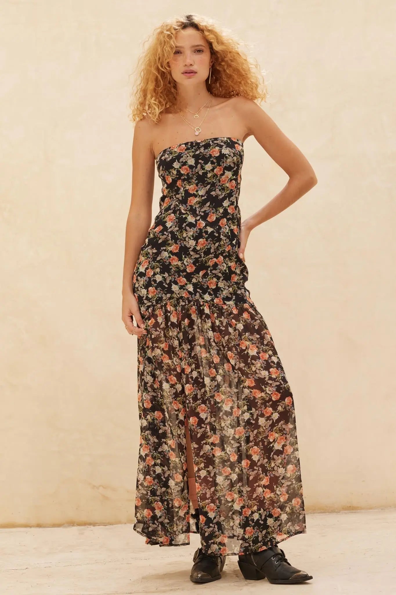 Garden Romance Floral Chiffon Strapless Maxi Dress