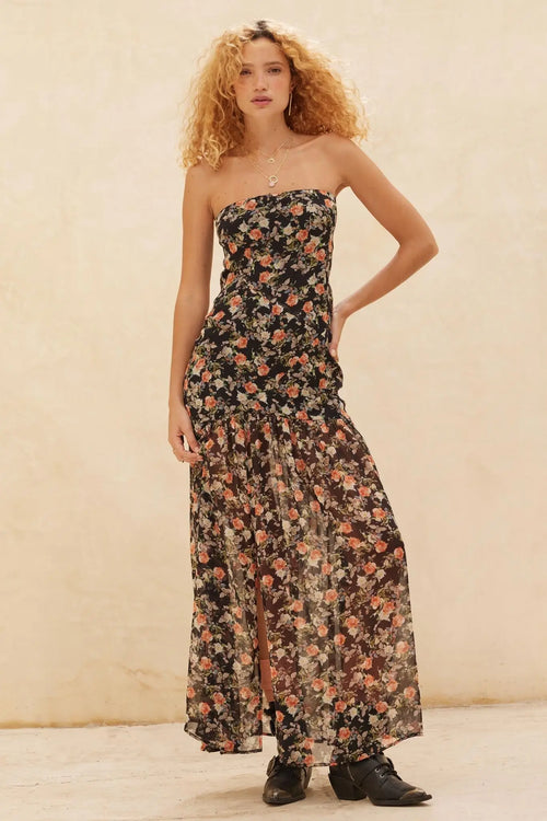 Garden Romance Floral Chiffon Strapless Maxi Dress