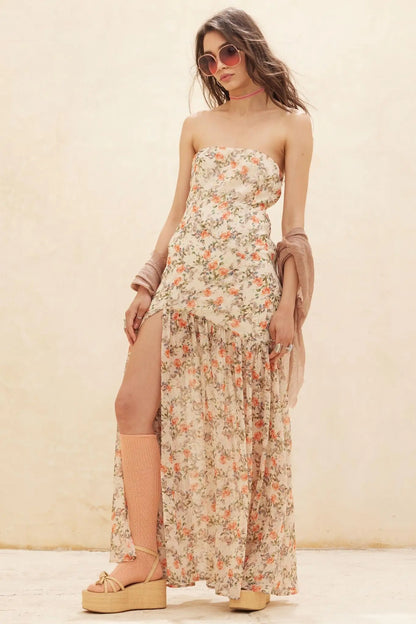 Garden Romance Floral Chiffon Strapless Maxi Dress